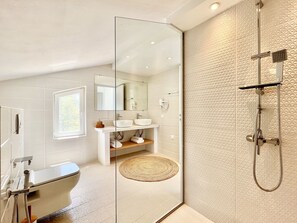 Shower, hair dryer, towels