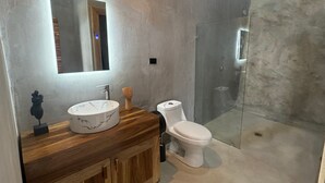 Une salle de bain moderne avec un meuble-lavabo en bois, un lavabo rond, des toilettes et une douche à parois de verre.