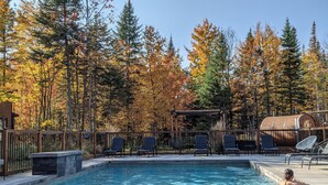 Une piscine à l’eau claire, entourée d’arbres aux couleurs automnales et dotée d’une terrasse en bois avec des chaises longues.