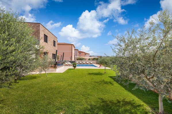 En moderne bygning med swimmingpool, omgivet af velholdt græs og oliventræer.