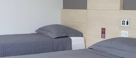 A hotel room with two single beds, a wooden headboard, a white wall, and a power outlet.