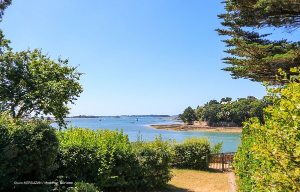 A coastal view with a clear sky, a sandy beach, and a path leading to a wooden fence.