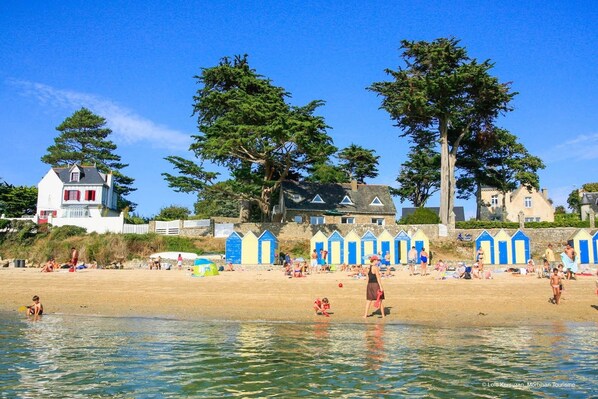 A beach with people, a row of blue and white beach huts, and houses in the background.