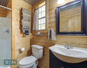 Shower, hair dryer, shampoo