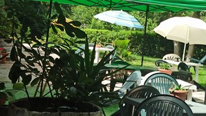 Un patio con mobiliario exterior, un toldo verde y plantas en macetas.