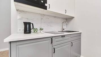 Fridge, microwave, stovetop, electric kettle