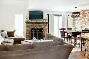 Smart TV, fireplace, books