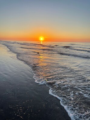 A beach with waves gently lapping onto the shore, a clear sky, and the sun setting in the distance.