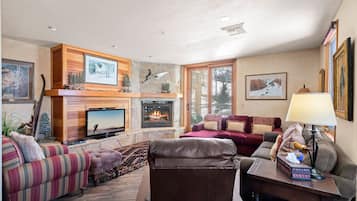 Smart TV, fireplace, DVD player, books