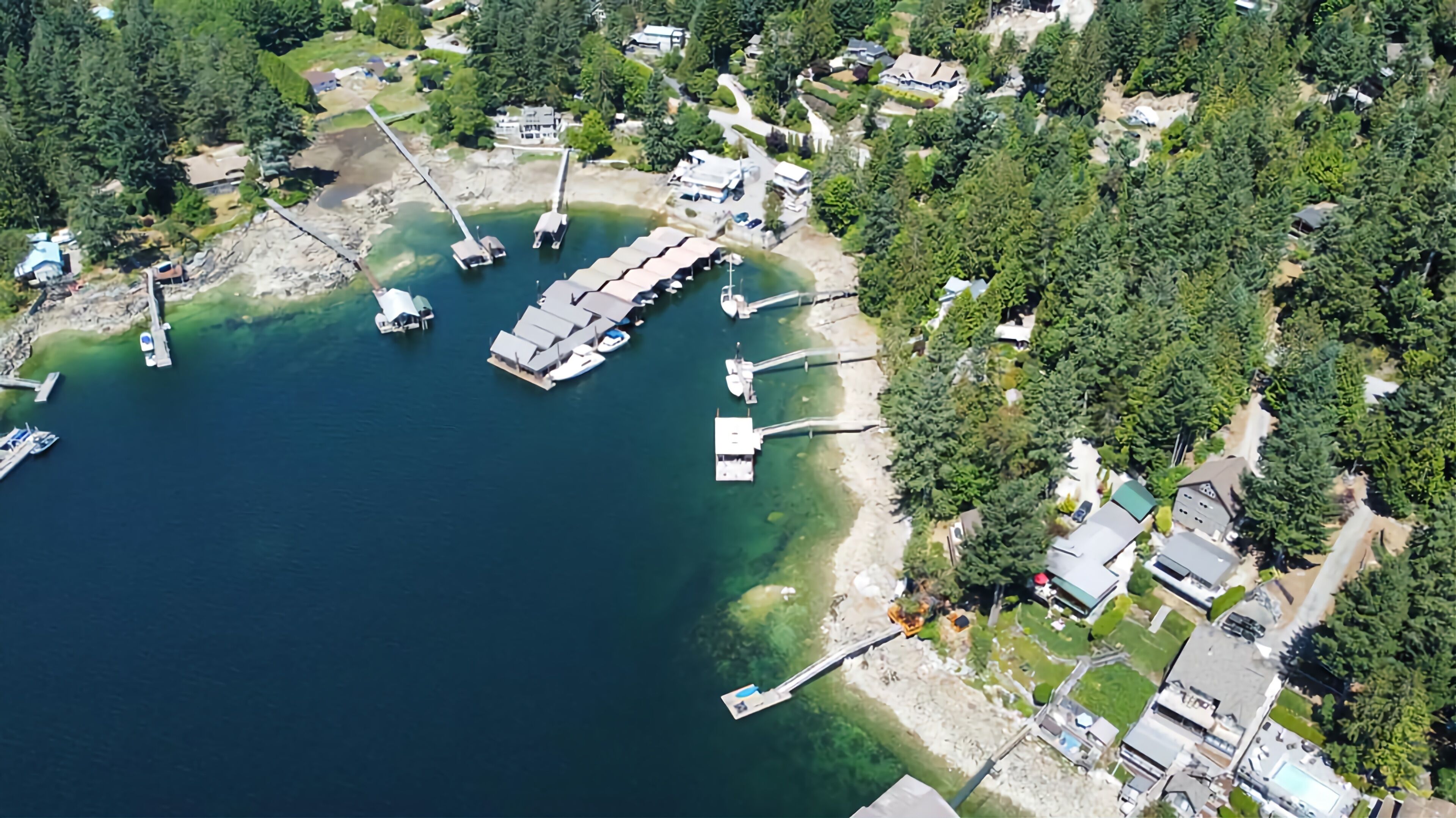 An aerial view of a marina with docks, boats, and residential properties.