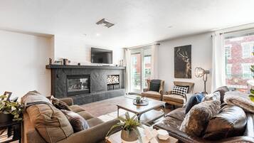 Smart TV, fireplace, DVD player, books