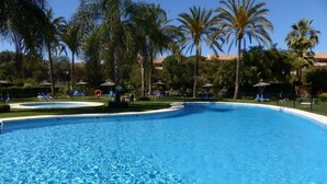 A large, clear swimming pool surrounded by palm trees and lounge chairs.