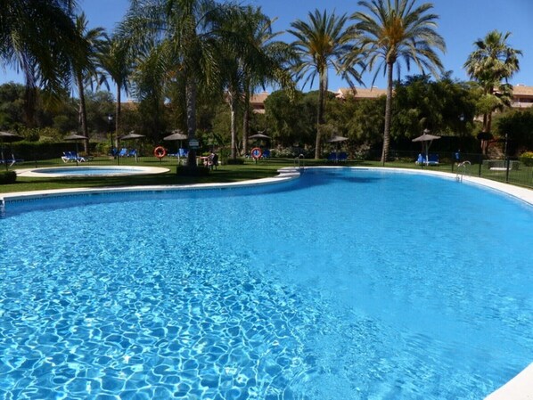 A large, clear swimming pool surrounded by palm trees and lounge chairs.