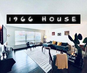 Smart TV, fireplace, books, printers