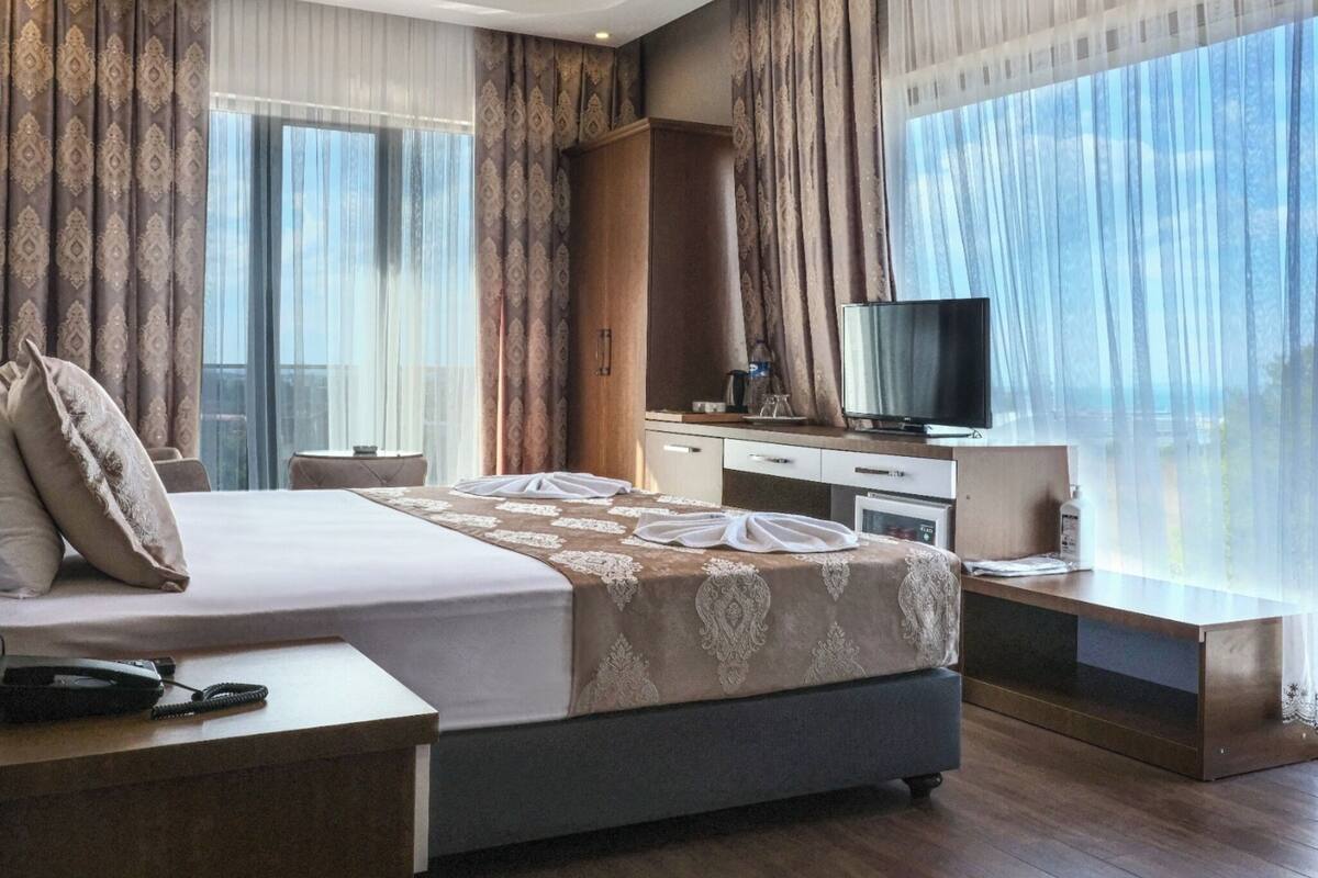 A hotel room with a large bed, a desk, a television, and a view of the outdoors.