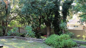 A backyard with a wooden fence, a variety of trees, and a small garden area.