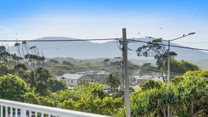 A residential area with houses, power lines, and a mountain in the background.