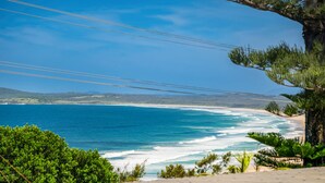 A coastal landscape with a beach, ocean waves, and a tree in the foreground. - Beachcomber, 27 Dulconghi Street (Crescent Head)