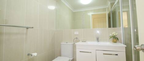 A bathroom with a toilet, sink, and mirror.