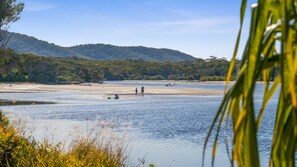 A riverbank with a sandy beach and a forested hill in the background.