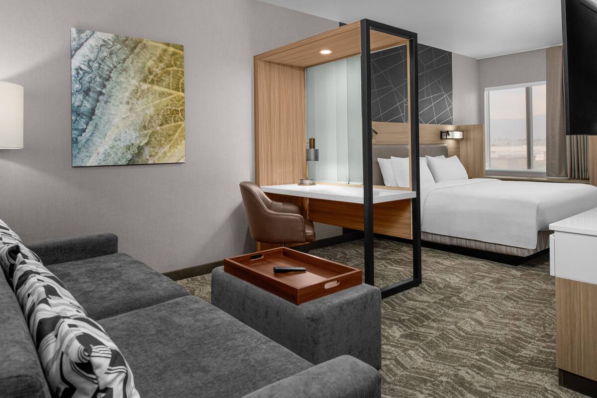 A hotel room with a bed, a desk, a chair, a sofa, and a large window.