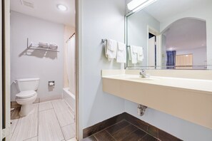 Un baño con inodoro, lavamanos y espejo.