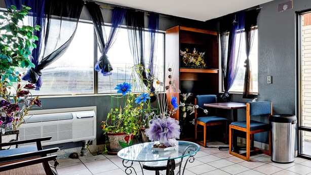 A room with a glass table, chairs, a radiator, potted plants, and a bookshelf. - Hotel O Luxury Inn Channelview Baytown I-10 (Channelview)