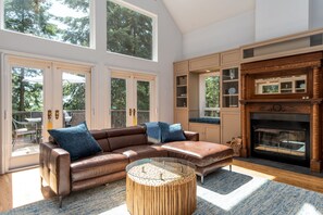 Smart TV, lareira, livros, videoteca