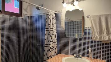 Shower, towels, soap, toilet paper
