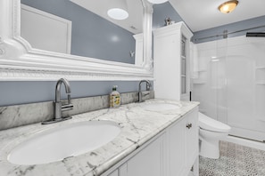 Combined shower/tub, hair dryer, bidet, towels