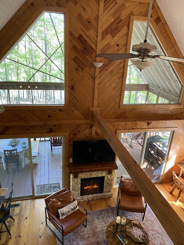 Smart TV, fireplace, books