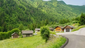 A rural road curving through a green landscape with several wooden houses and a stone building.