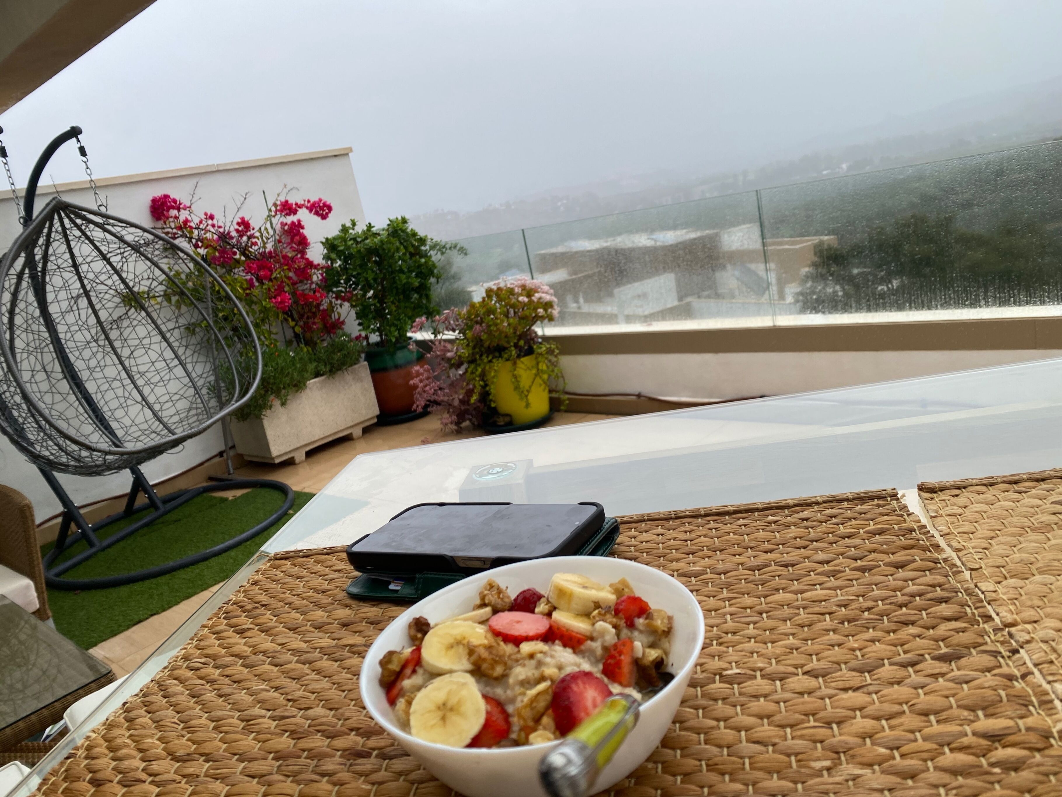 Un comedor con una mesa lista para el desayuno, que incluye un tazón de cereal con frutas, una silla y plantas en macetas.