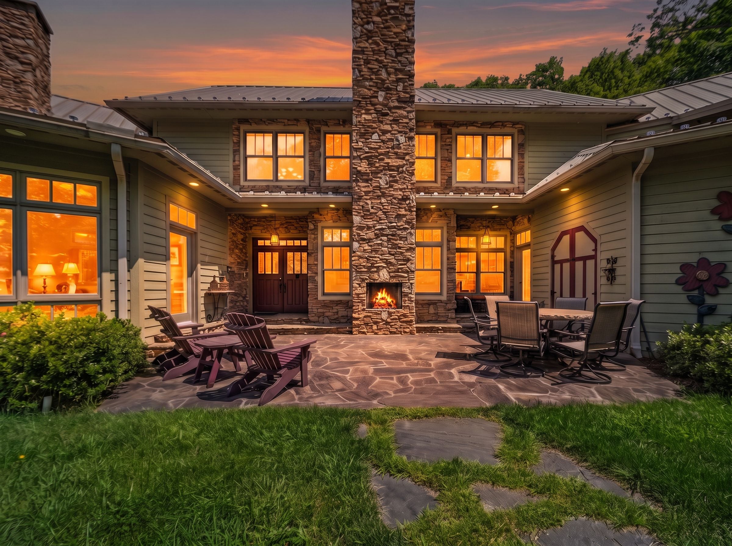 A two-story house with a stone fireplace, outdoor seating, and a well-maintained lawn.
