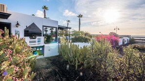 A modern building with a white exterior, a patio area with cacti and flowering plants, and a view of the ocean.