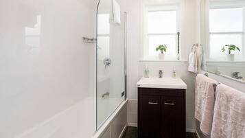 Combined shower/bathtub, hair dryer, towels, soap