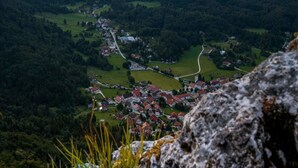 A mountainous landscape with a village nestled in the valley. - Paradise for hikers. Family friendly. (Crni Vrh nad Idrijo)