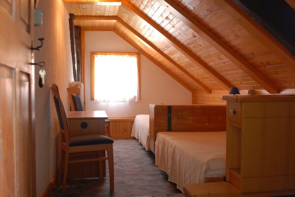 A cozy attic bedroom with a sloped ceiling, a wooden desk, a chair, a bed, and a dresser.