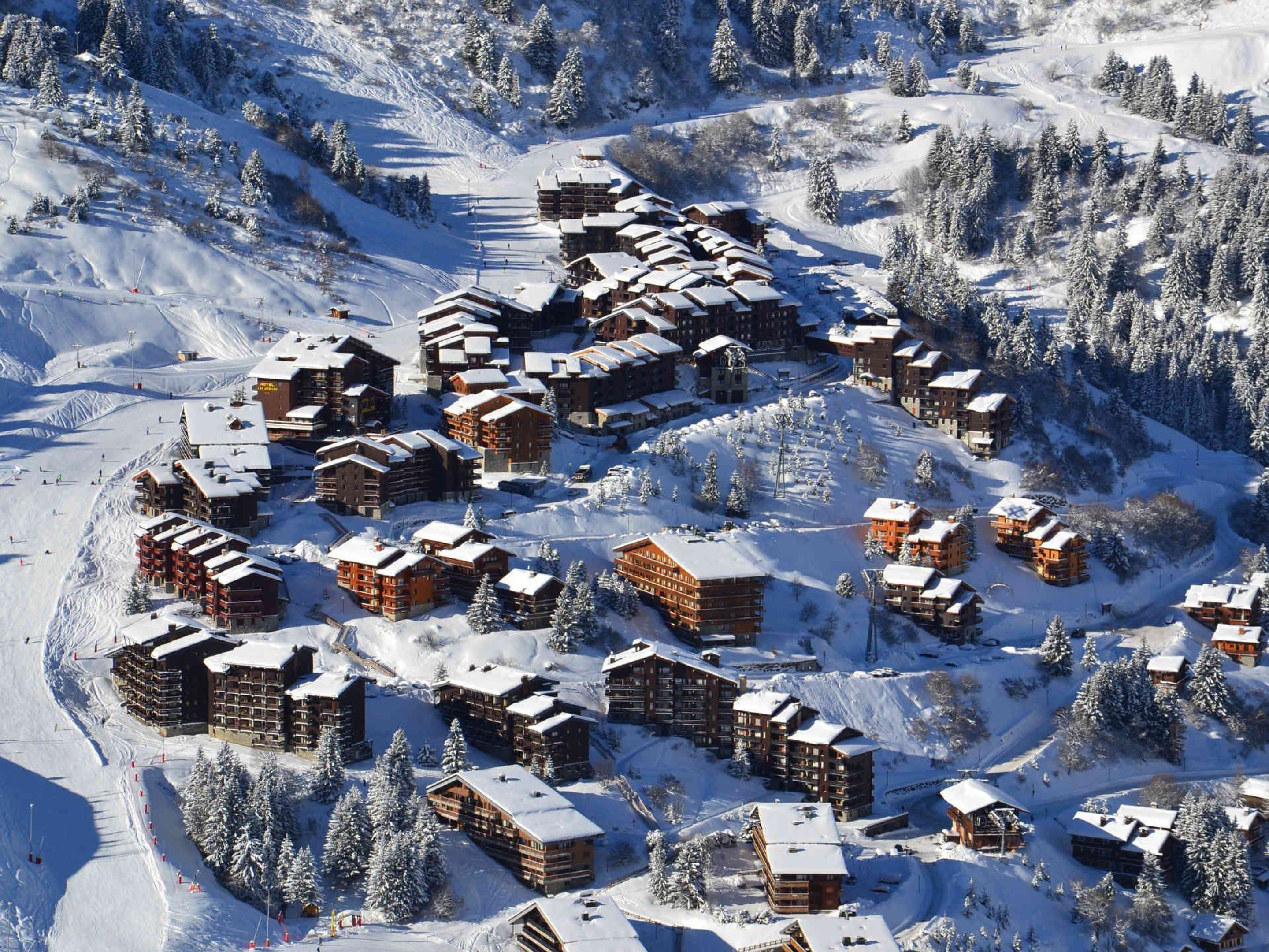 A snow-covered lodge area with multiple wooden buildings, ski slopes, and trees.