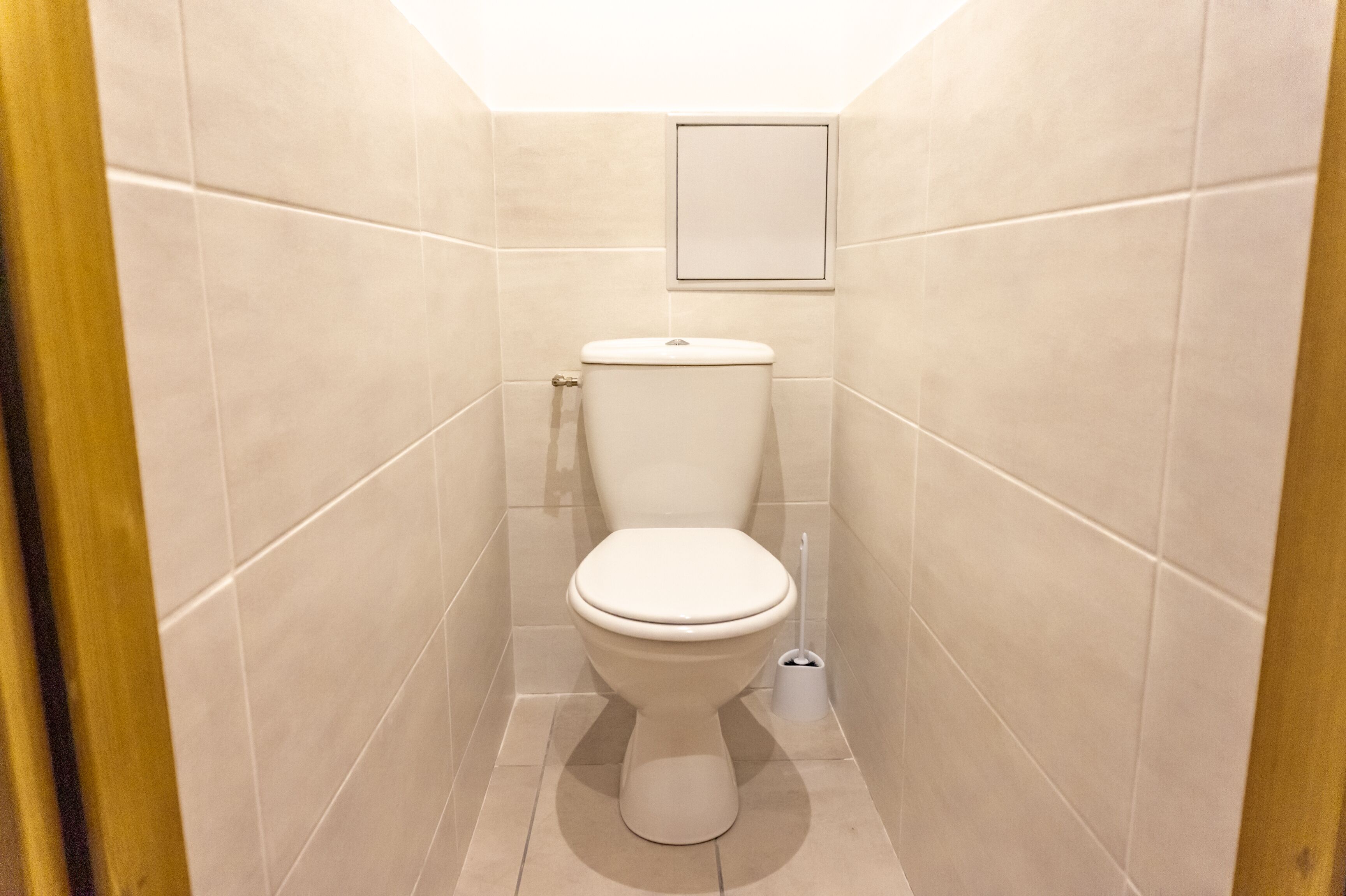 A small, modern bathroom with a toilet, a wall-mounted medicine cabinet, and a floor-mounted bidet.
