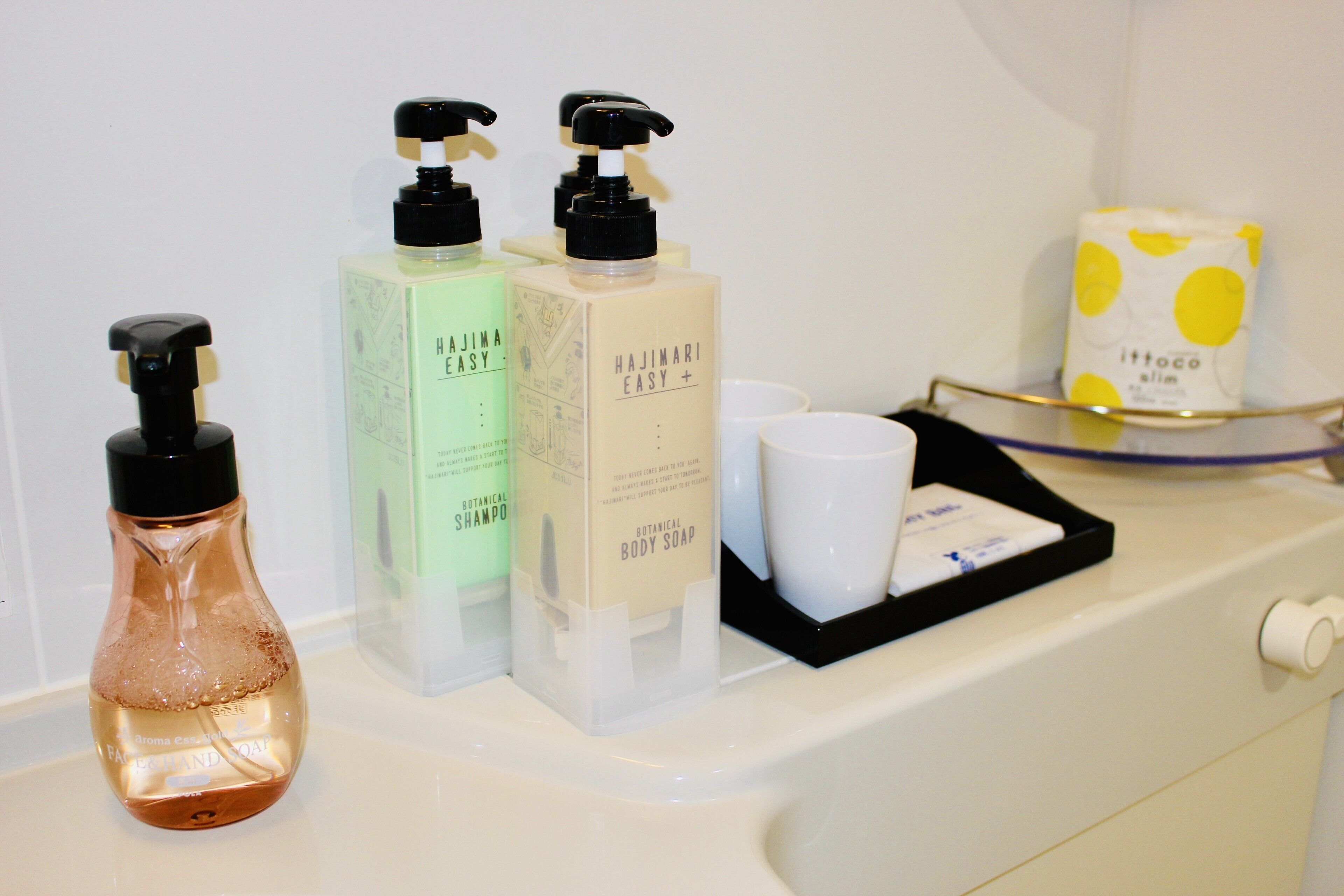 combined shower/bathtub, free toiletries, hair dryer, slippers