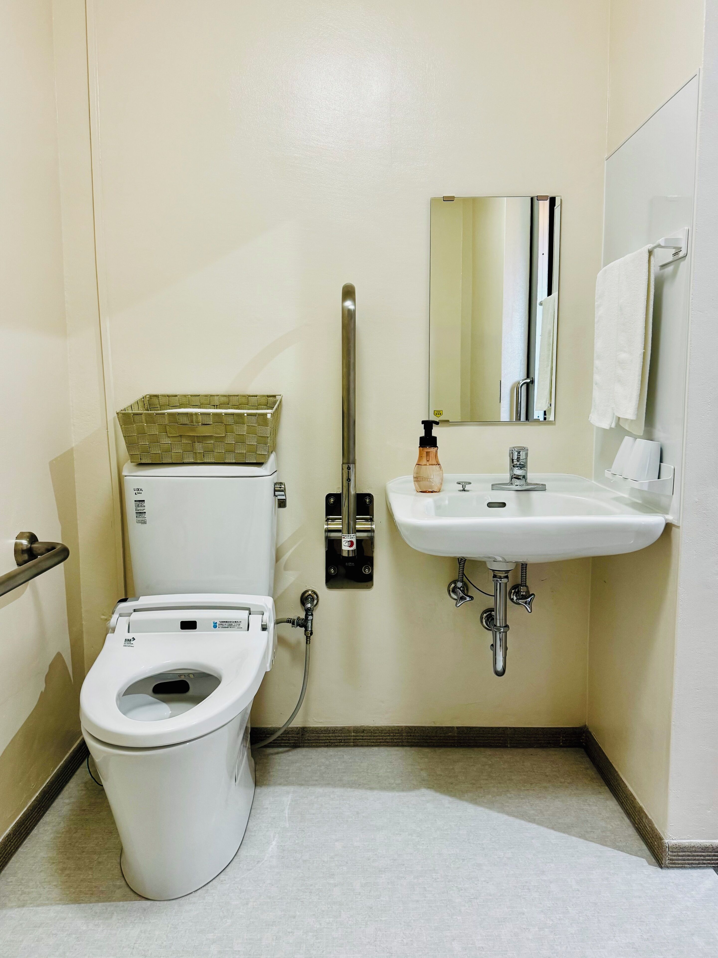 Ein Badezimmer mit Toilette, Waschbecken und Spiegel.