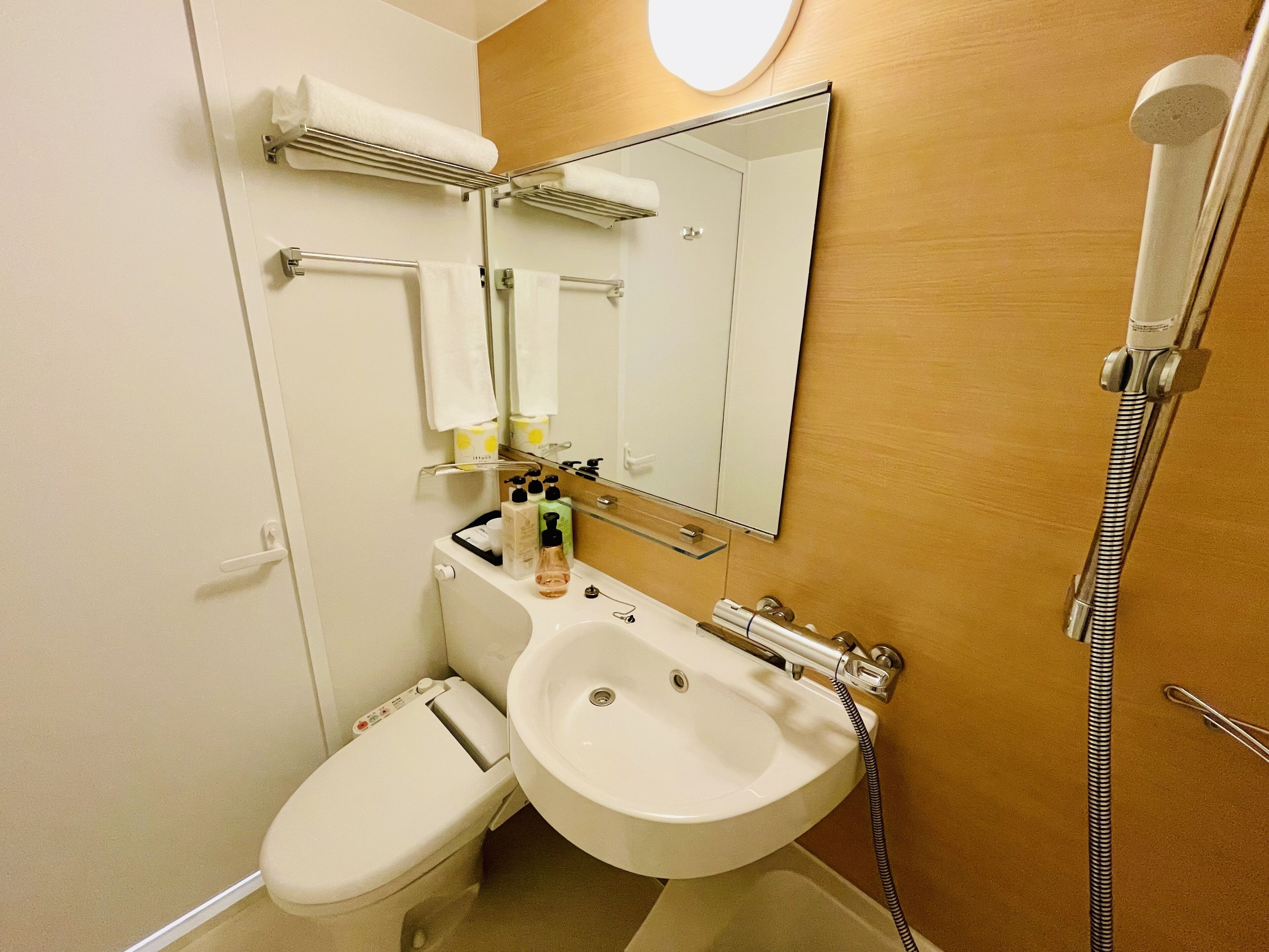 combined shower/bathtub, free toiletries, hair dryer, slippers
