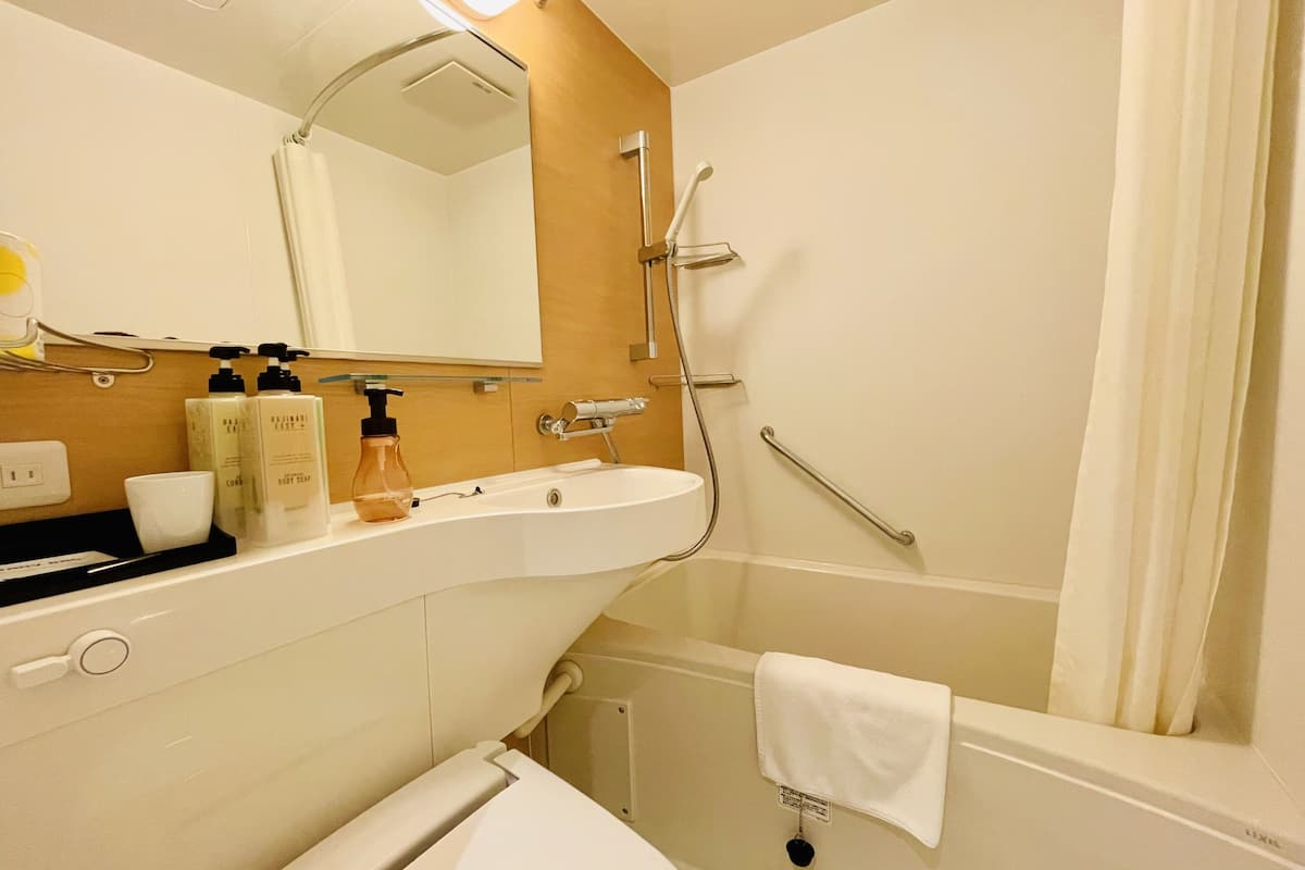 combined shower/bathtub, free toiletries, hair dryer, slippers