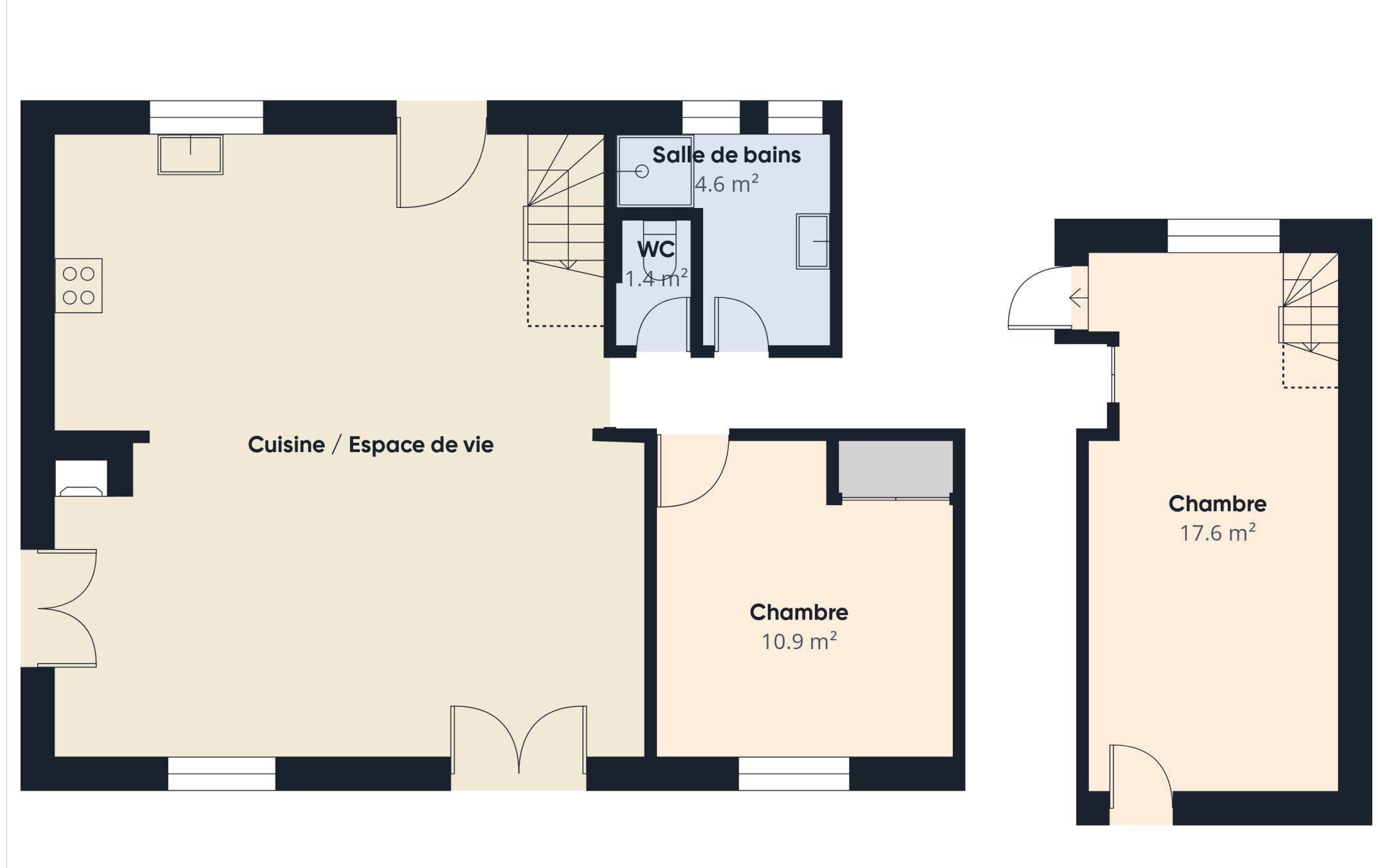 A floor plan with a kitchen, living space, bathroom, and two bedrooms.