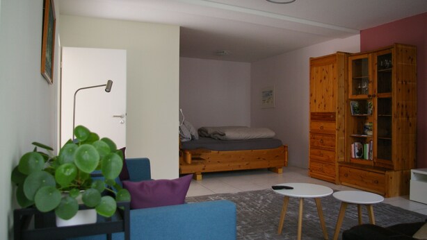 A cozy living room with a blue sofa, a wooden bed, a small table, and a bookshelf. - Im Alten Löwen (Hochstadt (Pfalz))