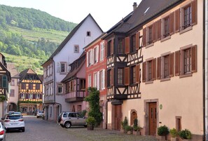 A cobblestone street lined with traditional half-timbered buildings, parked cars, and a hillside in the background. - Gîtes du Couvent, "Oriel"—a beautiful apartment in the historic center of Kaysersberg (Kaysersberg)