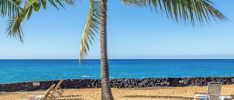 Una playa con una palmera, dos sillas de playa y un muro rocoso.