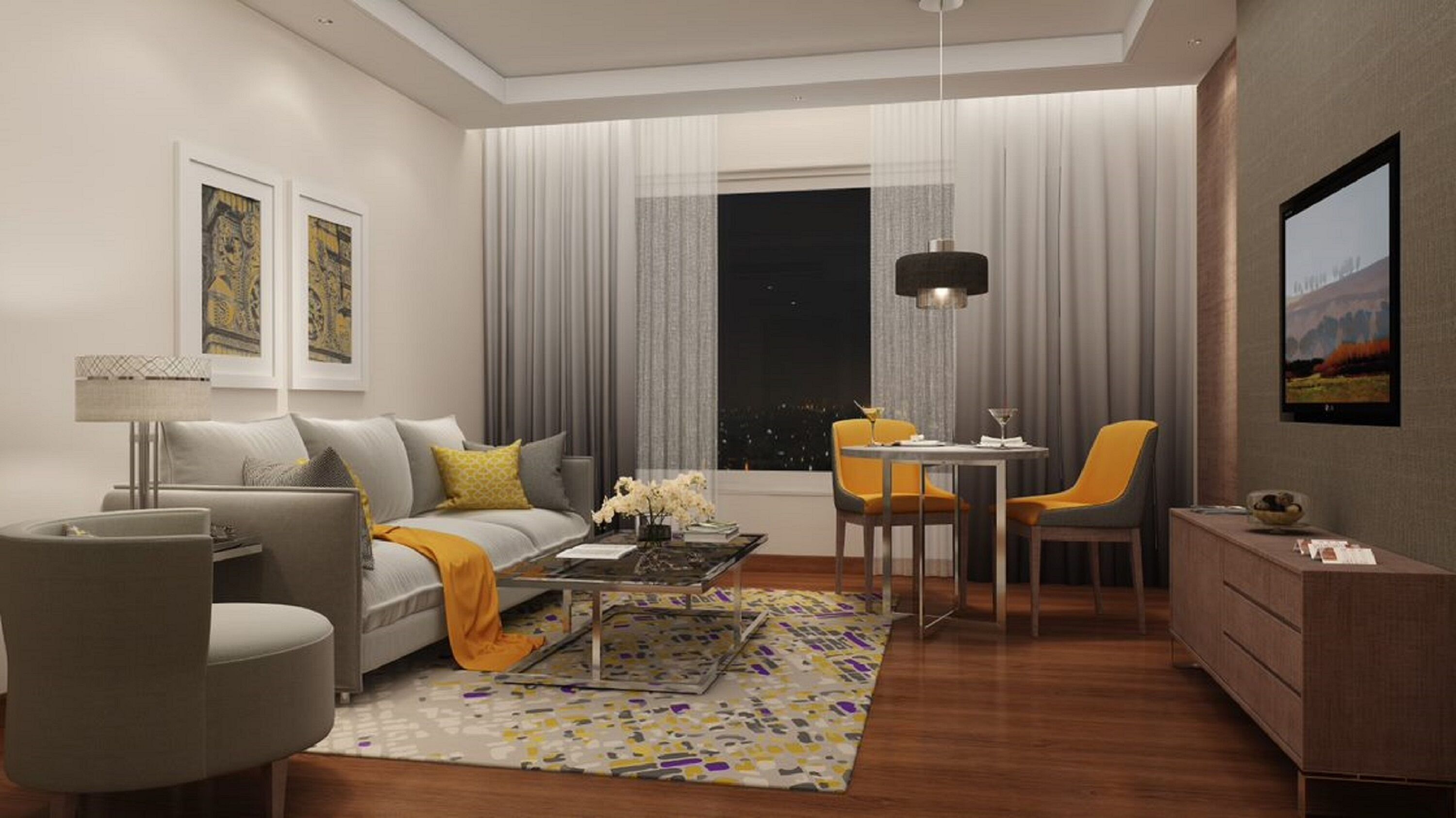 A modern living room with a sofa, armchairs, a coffee table, and a dining area with a table and chairs.