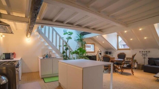 Un apartamento estilo loft con cocina, comedor y sala de estar. Cuenta con una escalera, ventanas amplias y una planta.
